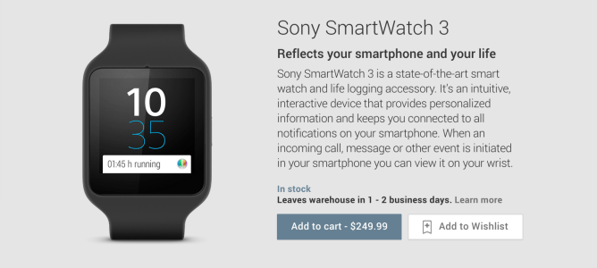 Sony SmartWatch 3 available for purchase on the Google Play Store