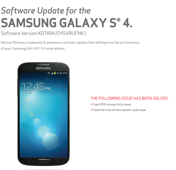Verizon’s Samsung Galaxy S4 gets small OTA update fixing power crash issues